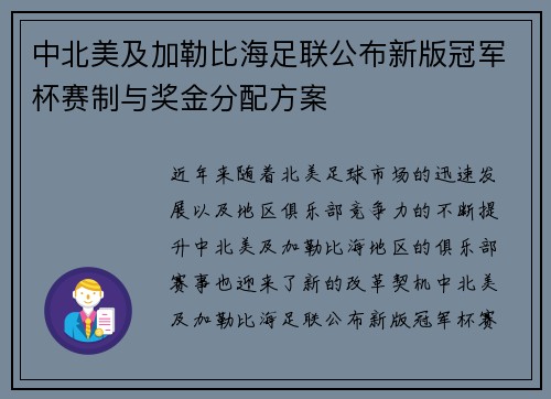 中北美及加勒比海足联公布新版冠军杯赛制与奖金分配方案 中北美及加勒比海足联公布新版冠军杯赛制与奖金分配方案