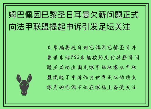 姆巴佩因巴黎圣日耳曼欠薪问题正式向法甲联盟提起申诉引发足坛关注 姆巴佩因巴黎圣日耳曼欠薪问题正式向法甲联盟提起申诉引发足坛关注